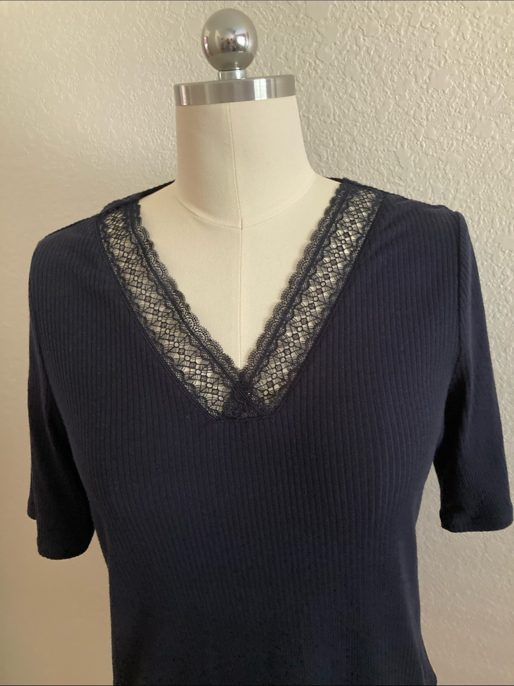 Talbots Navy Ribbed V-Neck Tee with Lace Trim